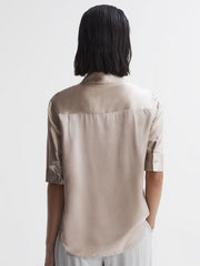 Reiss Tops | Aubrey Silk Short Sleeve Button Through Shirt Champagne - Women