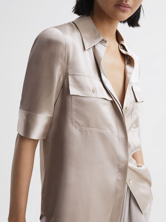 Reiss Tops | Aubrey Silk Short Sleeve Button Through Shirt Champagne - Women
