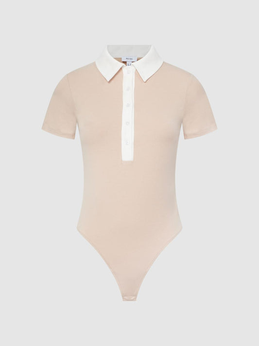 Reiss Tops | Avery Short Sleeve Polo Bodysuit Neutral/ivory - Women