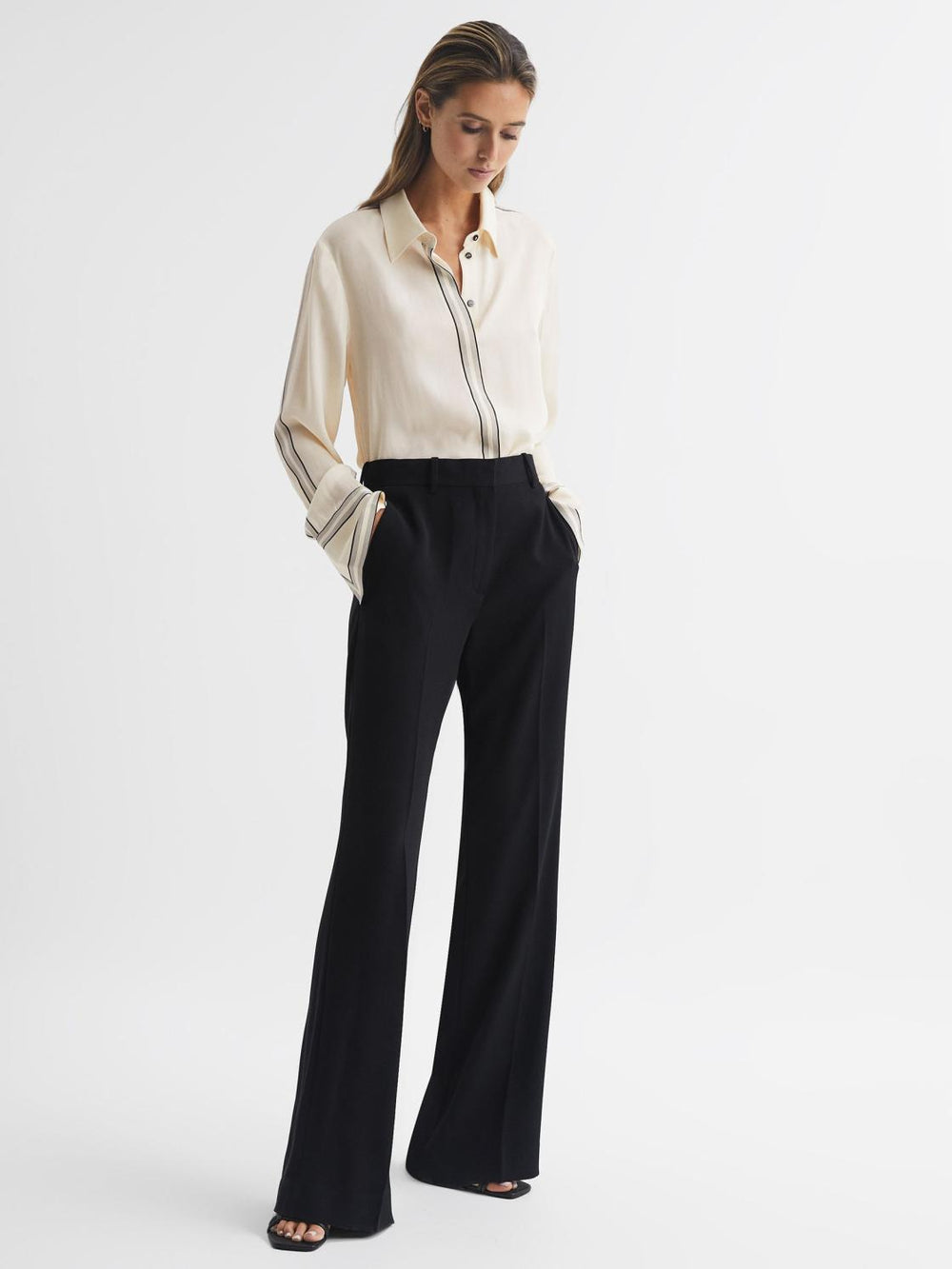 Reiss Tops | Bailey Fitted Side Striped Dip Hem Blouse Ivory - Women