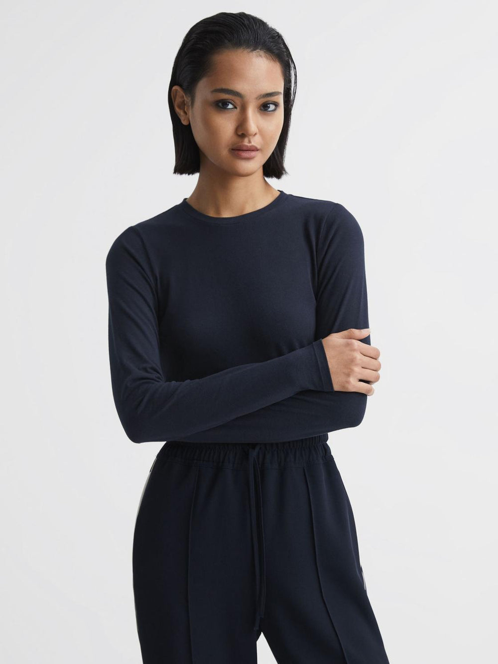 Reiss Tops | Bebe Long Sleeve Crew Neck Top Navy - Women