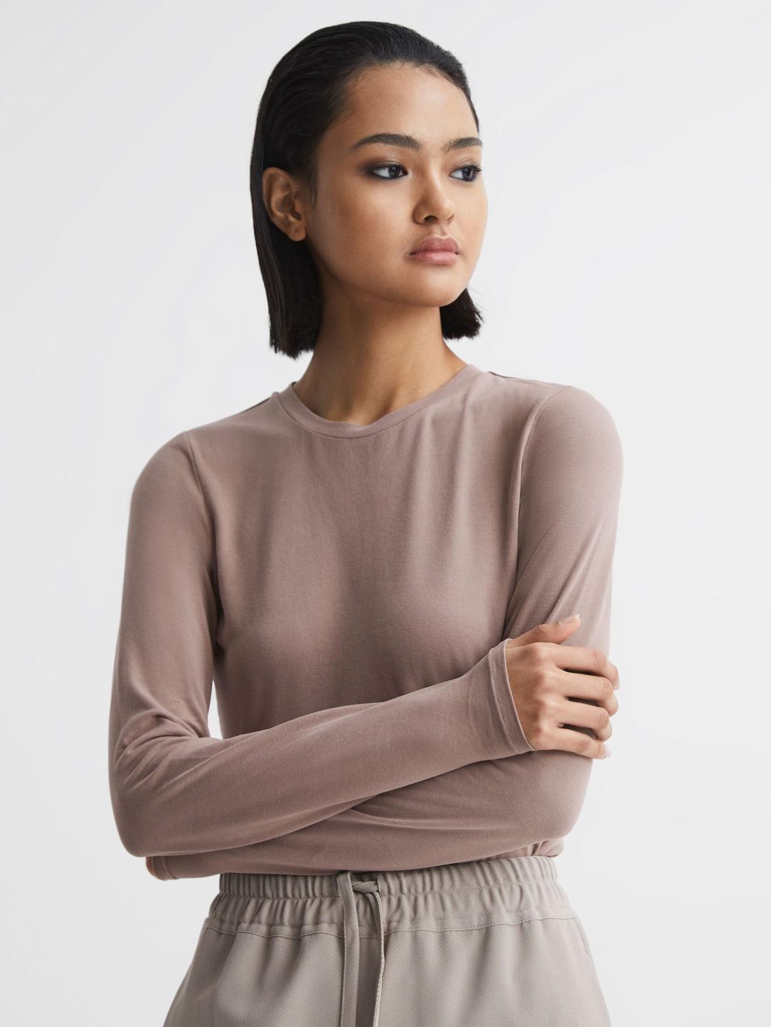 Reiss Tops | Bebe Long Sleeve Crew Neck Top Taupe - Women