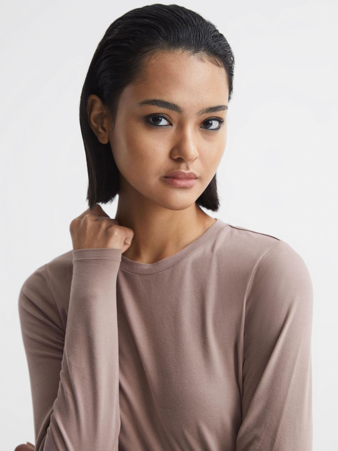 Reiss Tops | Bebe Long Sleeve Crew Neck Top Taupe - Women