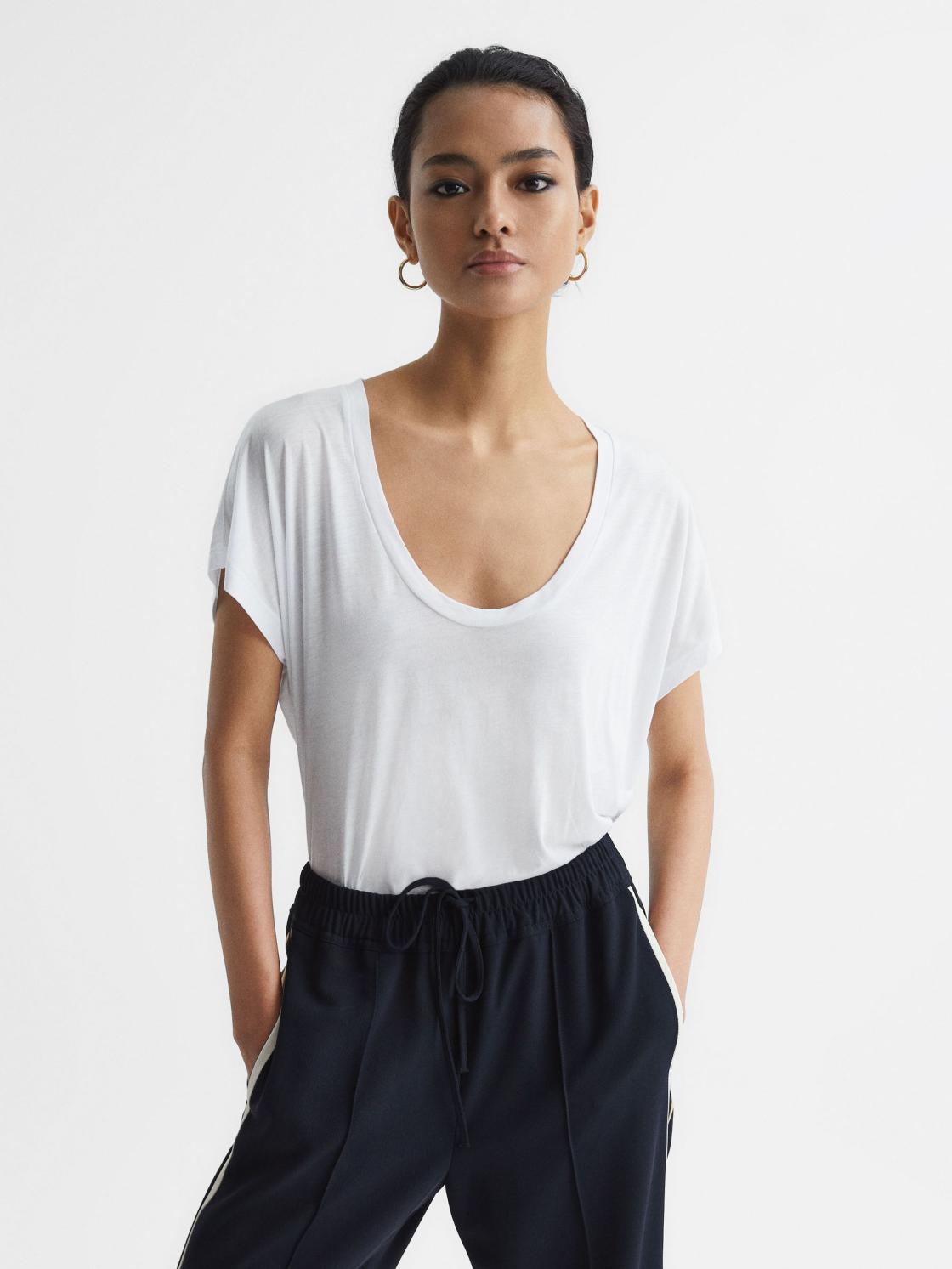 Reiss Tops | Caia Scoop Neck Pima Cotton T-Shirt Black - Women