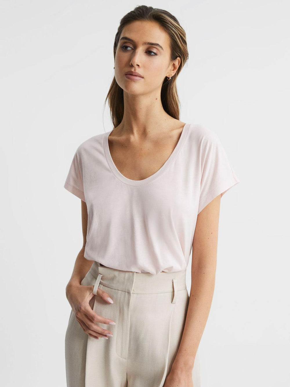 Reiss Tops | Caia Scoop Neck Pima Cotton T-Shirt Light Pink - Women