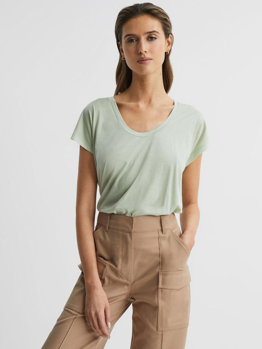 Reiss Tops | Caia Scoop Neck Pima Cotton T-Shirt Pistachio - Women
