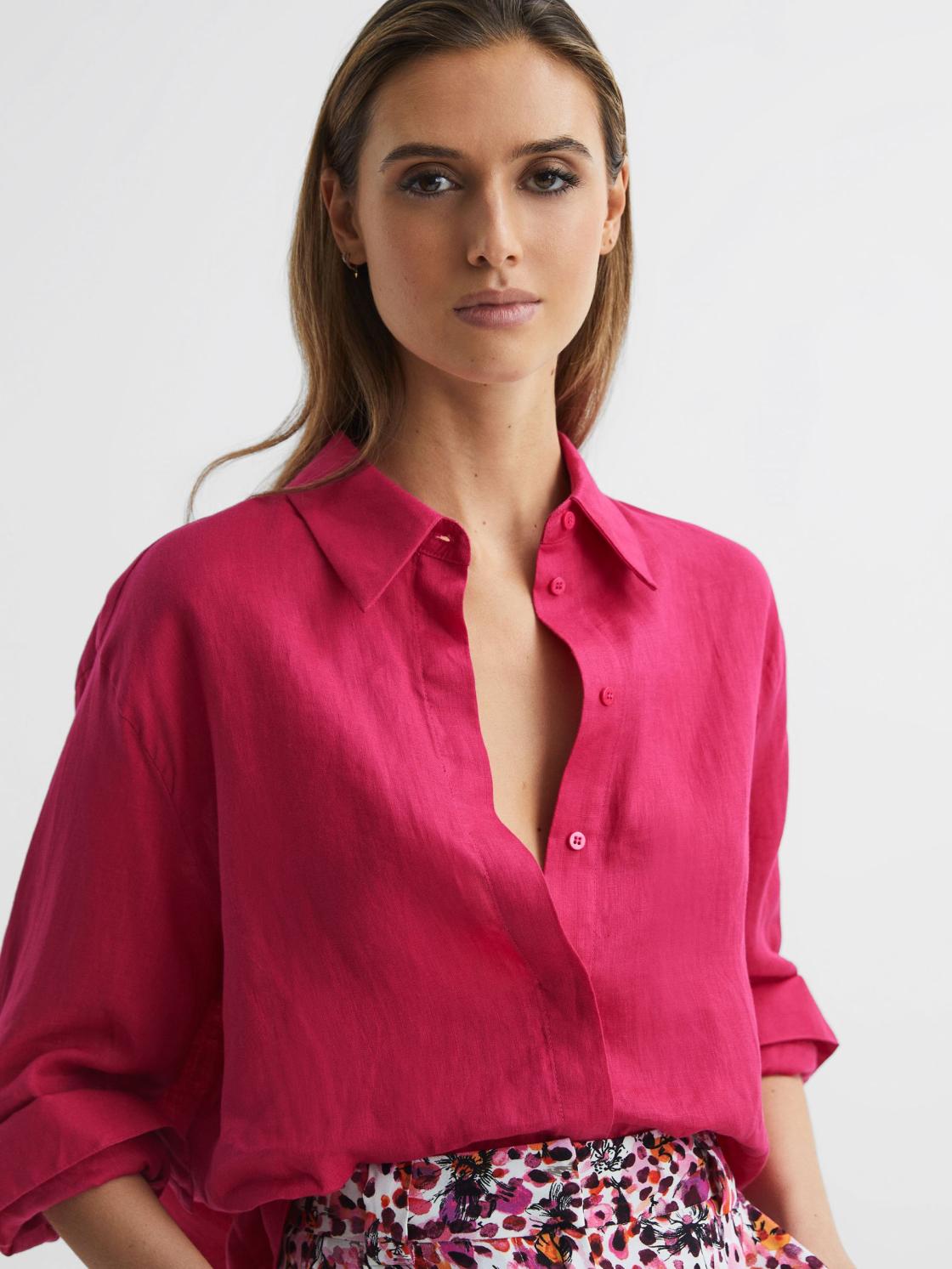 Reiss Tops | Cammie Oversized Linen Shirt Fuschia - Women