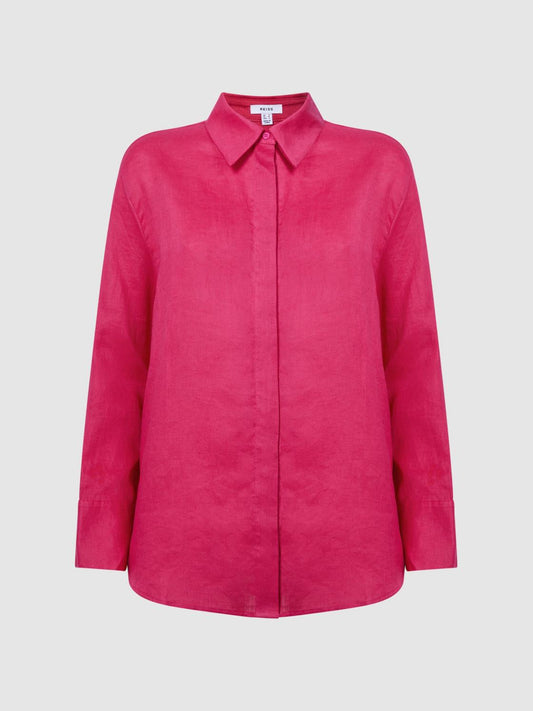 Reiss Tops | Cammie Oversized Linen Shirt Fuschia - Women