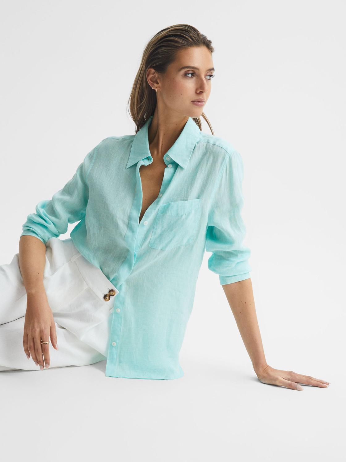 Reiss Tops | Campbell Linen Shirt Aqua - Women