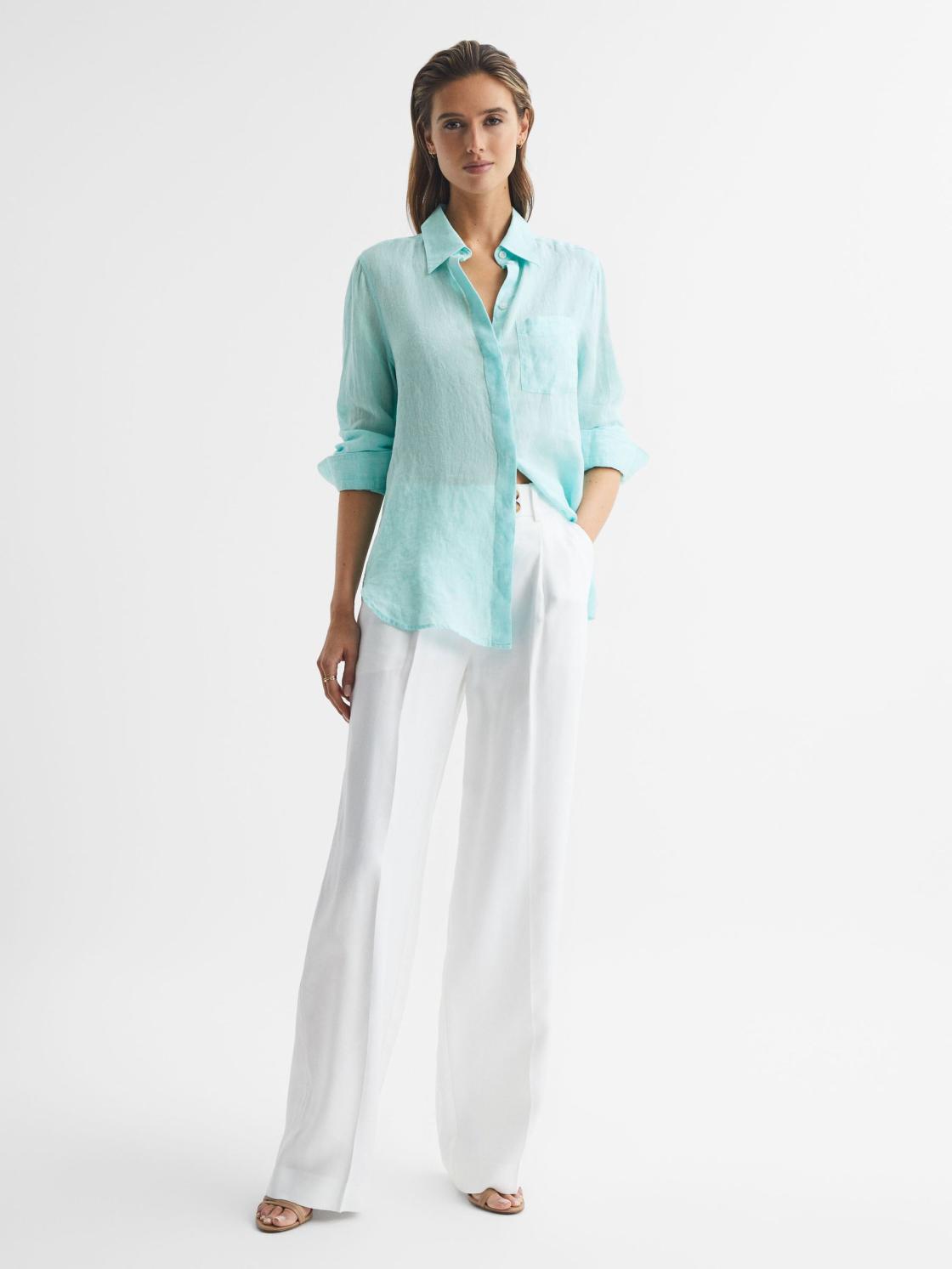Reiss Tops | Campbell Linen Shirt Aqua - Women