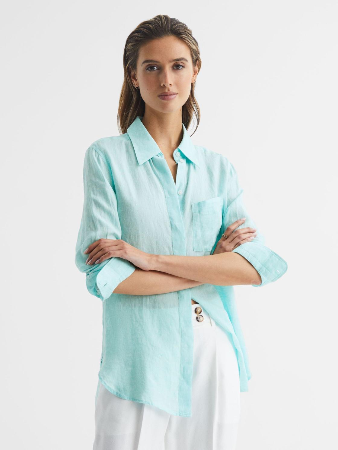 Reiss Tops | Campbell Linen Shirt Aqua - Women