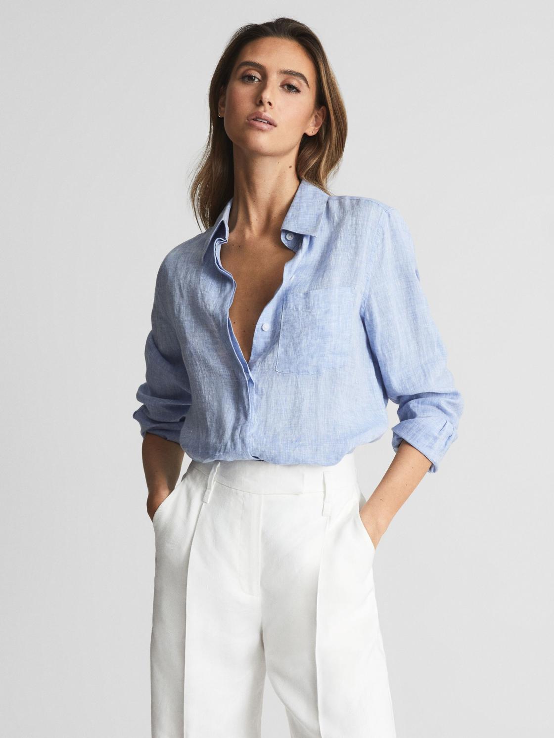 Reiss Tops | Campbell Linen Shirt Blue - Women