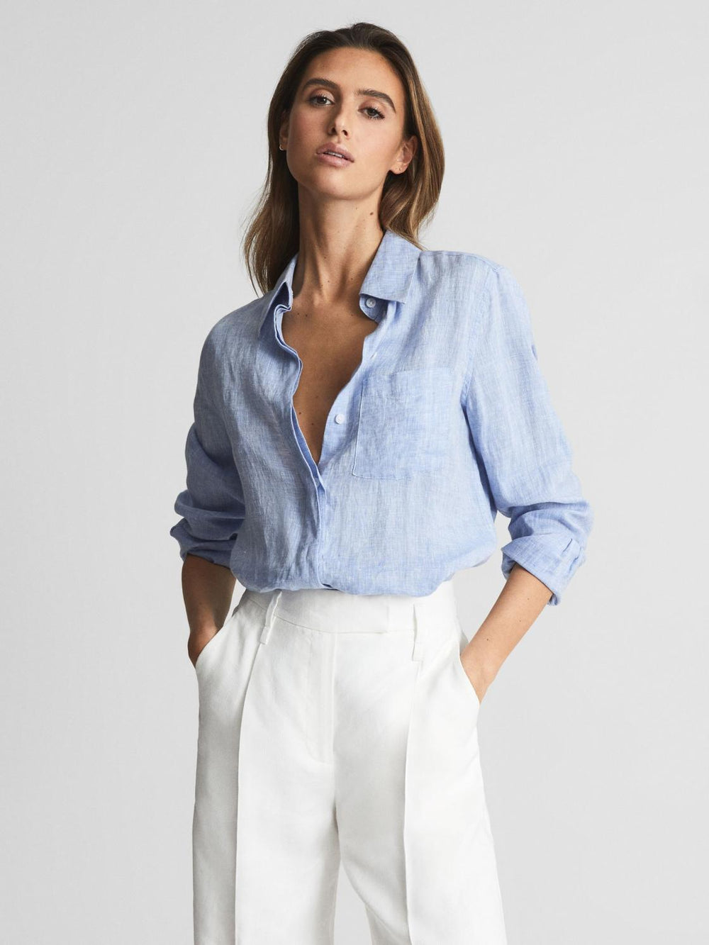Reiss Tops | Campbell Linen Shirt Blue - Women