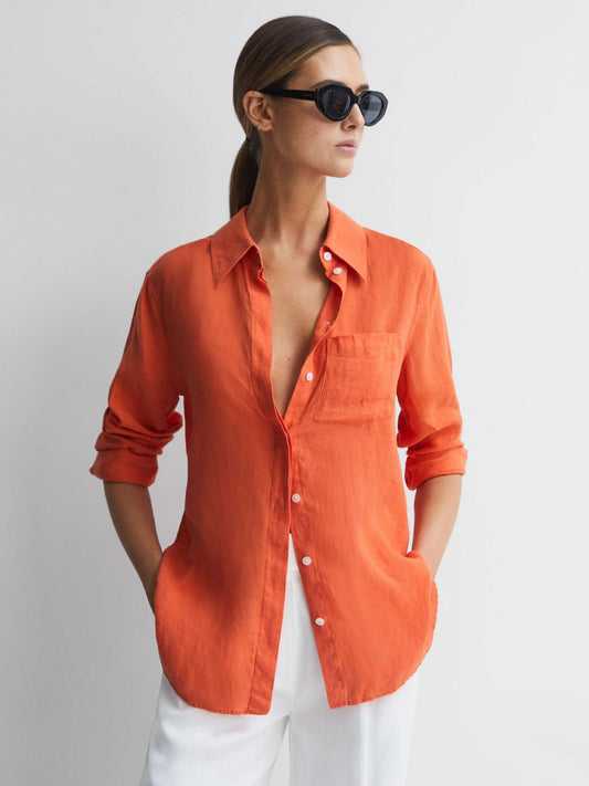 Reiss Tops | Campbell Linen Shirt Orange - Women
