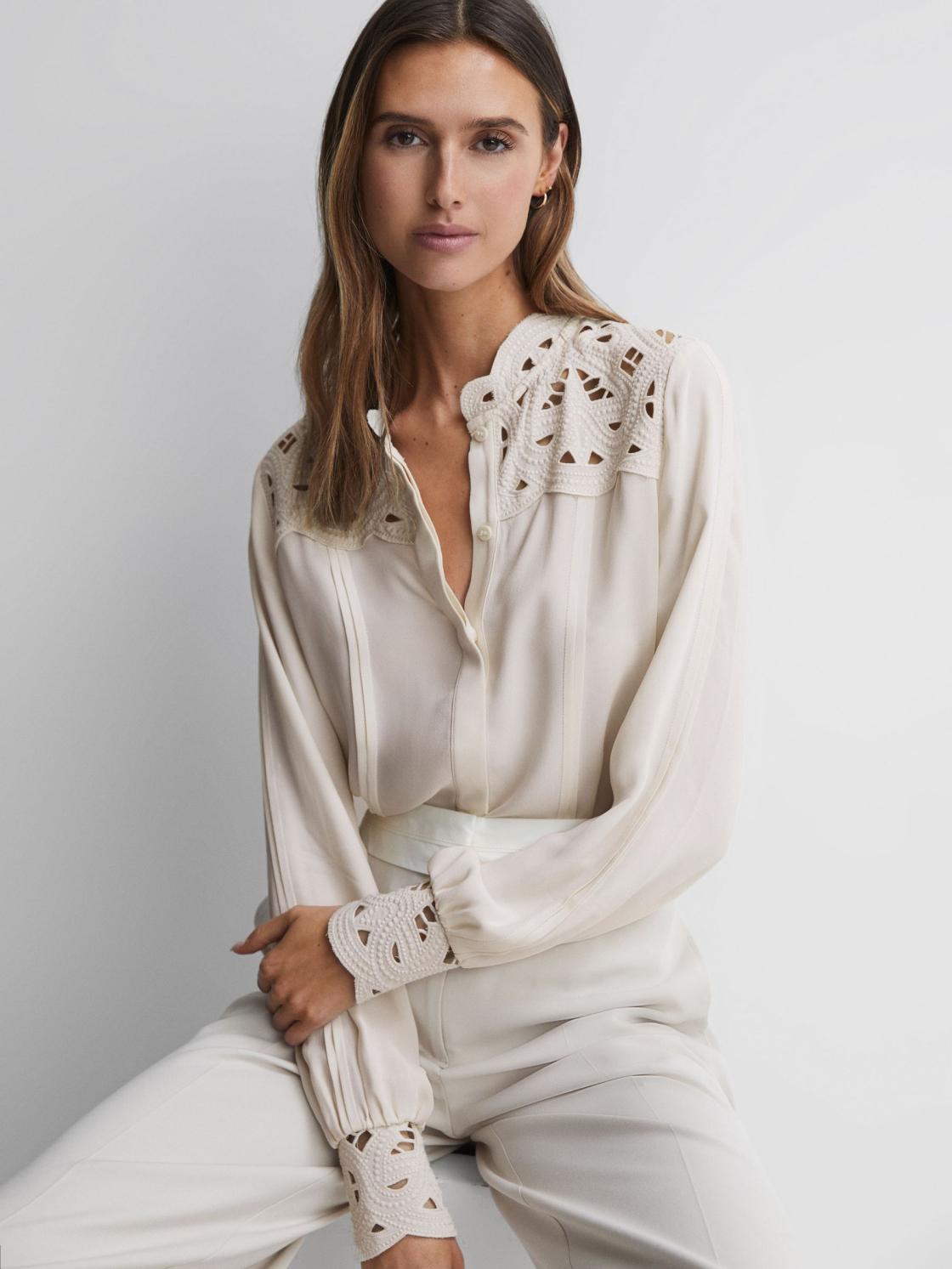 Reiss Tops | Celia Lace Cut-Out Blouse Ivory - Women
