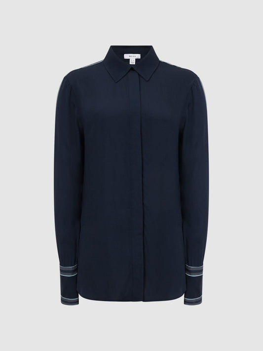Reiss Tops | Chiara Fitted Side Striped Dip Hem Blouse Navy - Women
