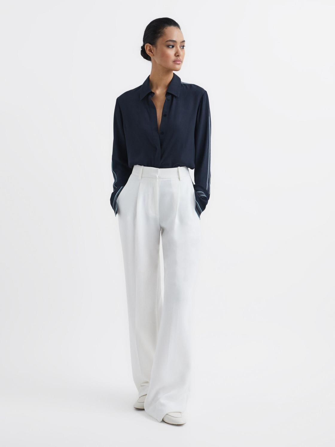 Reiss Tops | Chiara Fitted Side Striped Dip Hem Blouse Navy - Women