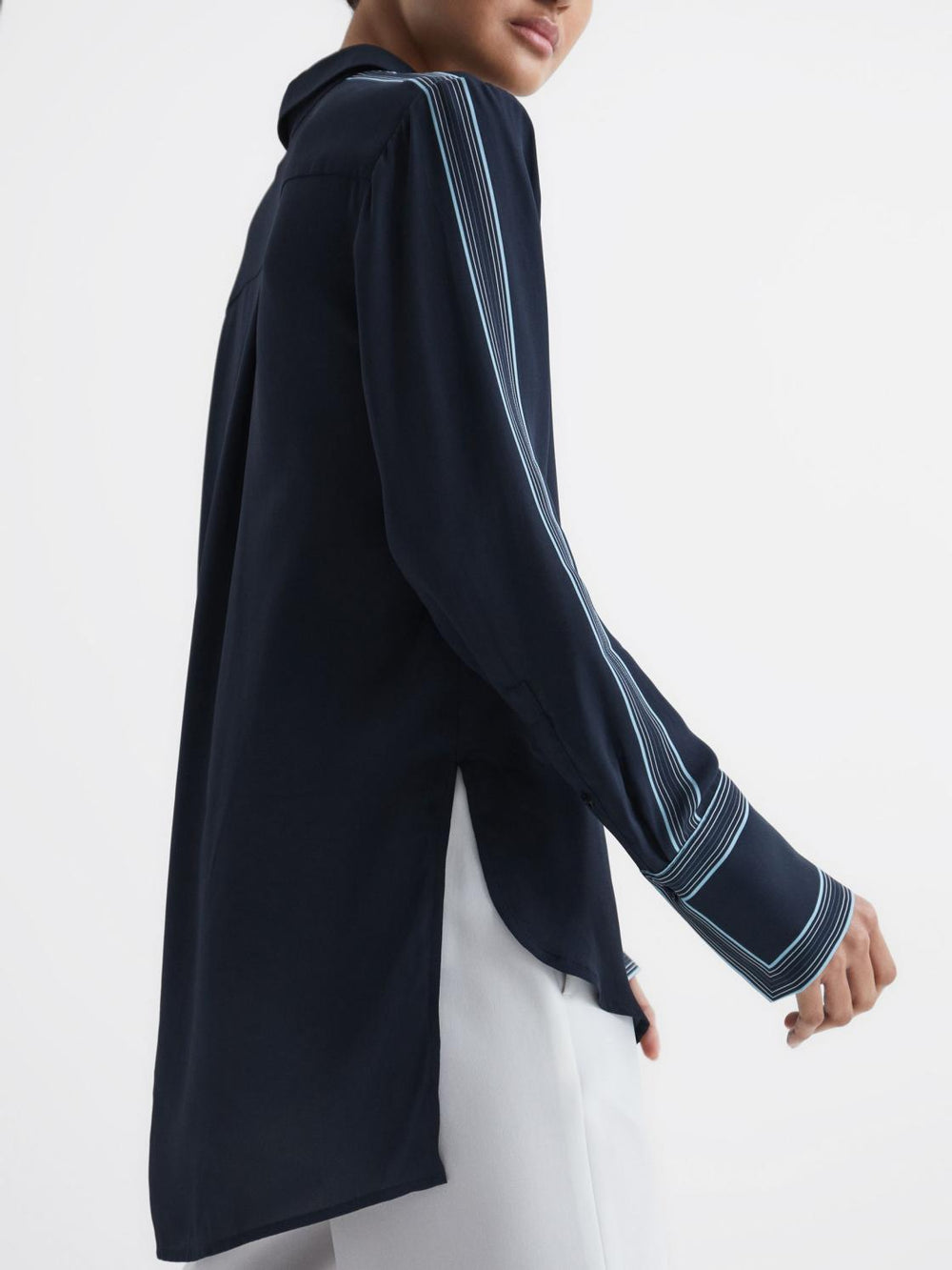 Reiss Tops | Chiara Fitted Side Striped Dip Hem Blouse Navy - Women