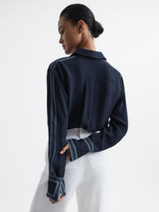Reiss Tops | Chiara Fitted Side Striped Dip Hem Blouse Navy - Women