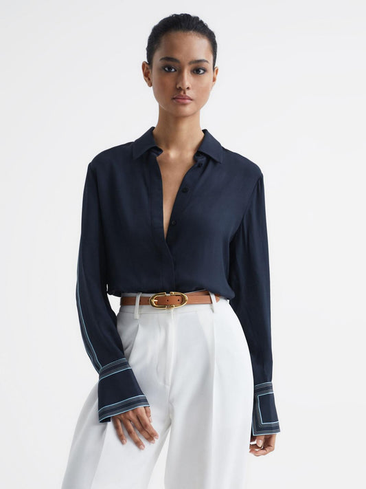 Reiss Tops | Chiara Fitted Side Striped Dip Hem Blouse Navy - Women