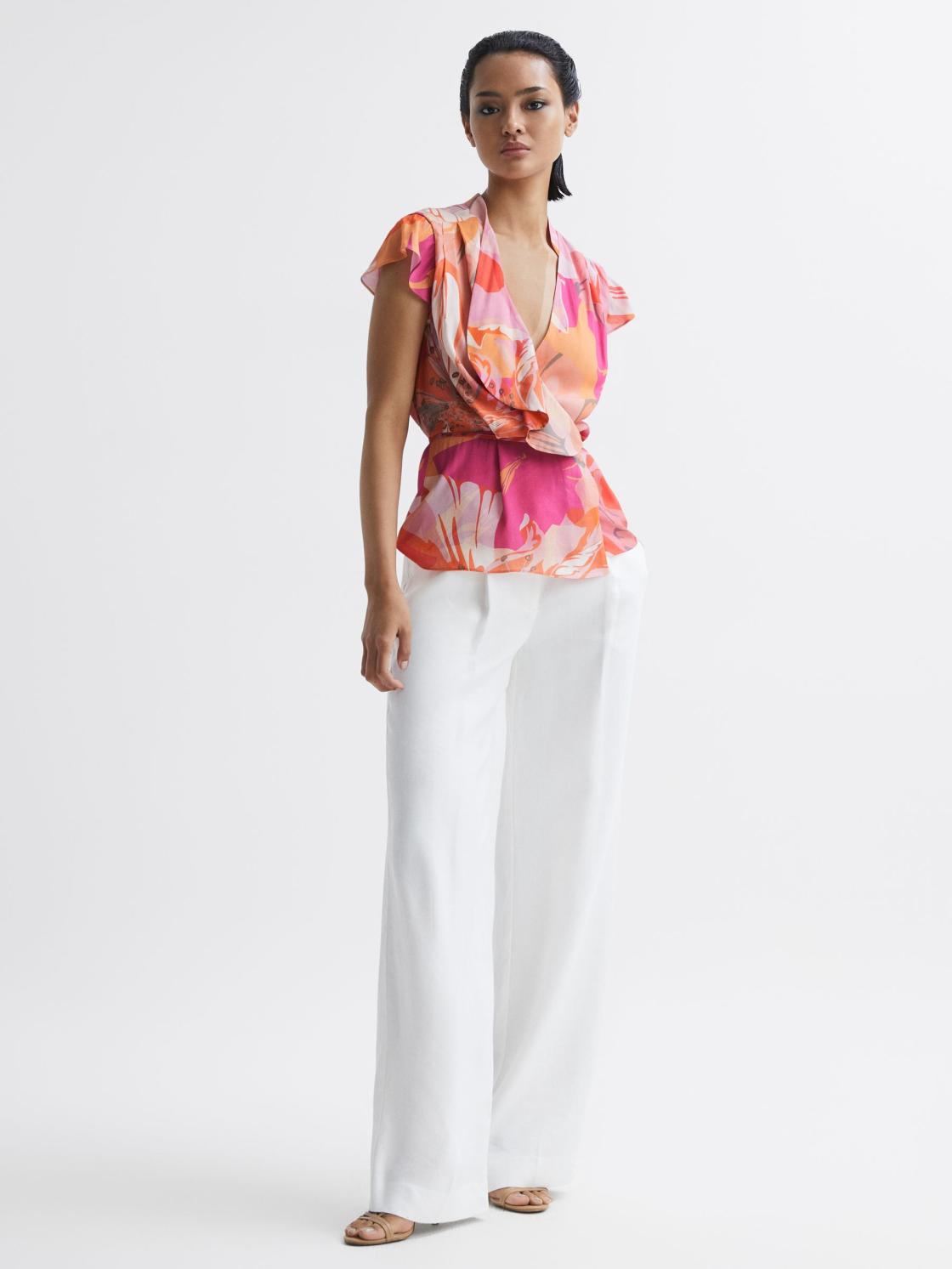 Reiss Tops | Corey Tropical Print Wrap Blouse Pink - Women