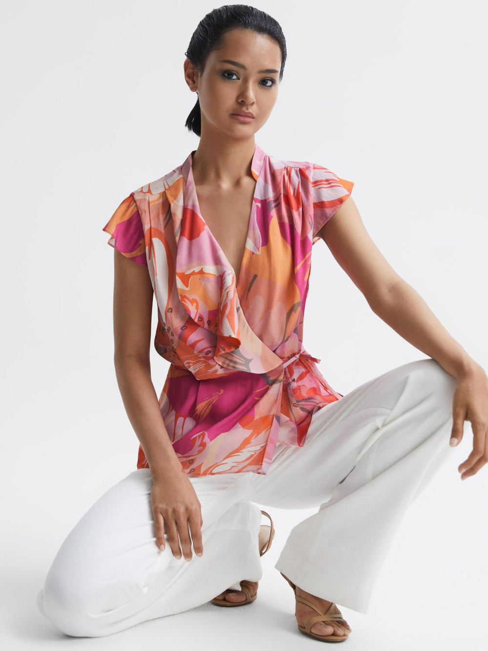 Reiss Tops | Corey Tropical Print Wrap Blouse Pink - Women