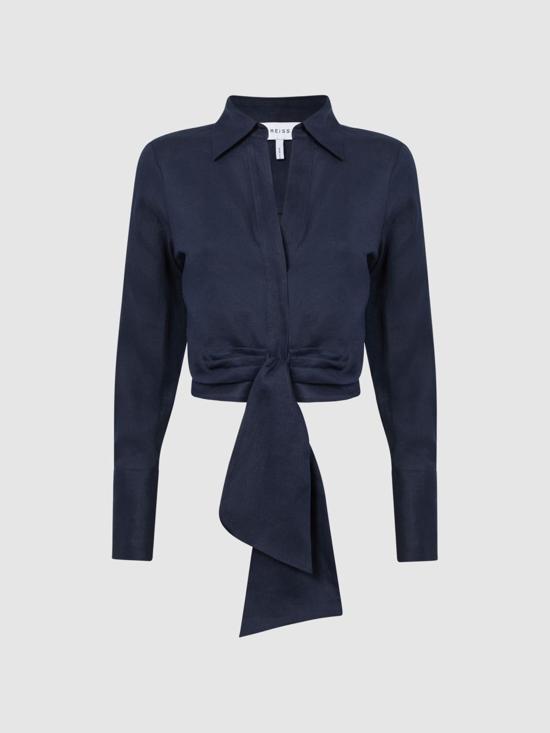 Reiss Tops | Dahlia Linen Cropped Tie Front Blouse Navy - Women