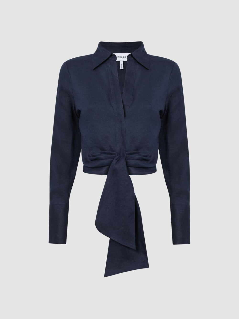 Reiss Tops | Dahlia Linen Cropped Tie Front Blouse Navy - Women