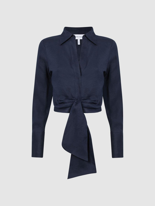 Reiss Tops | Dahlia Linen Cropped Tie Front Blouse Navy - Women