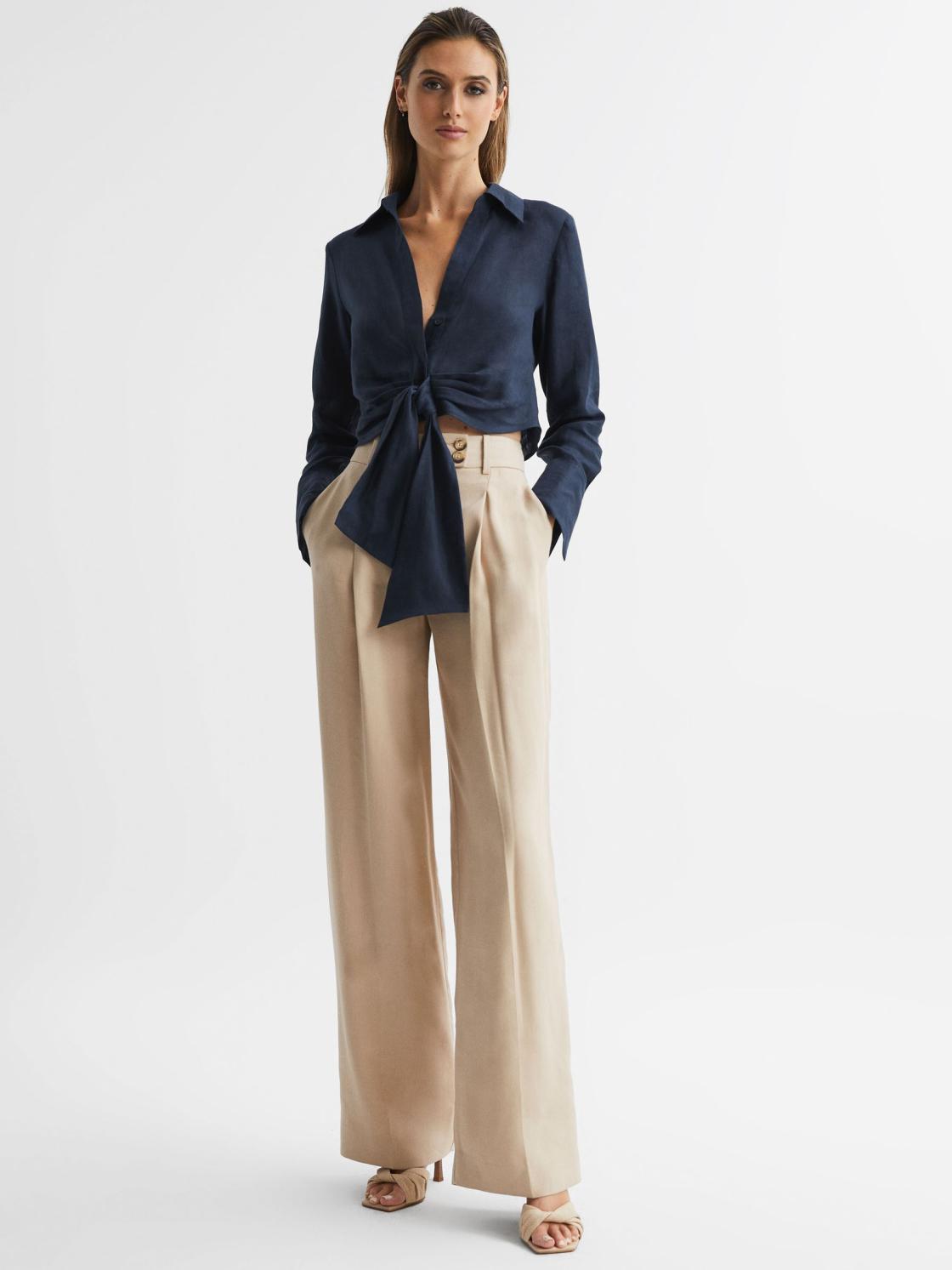 Reiss Tops | Dahlia Linen Cropped Tie Front Blouse Navy - Women