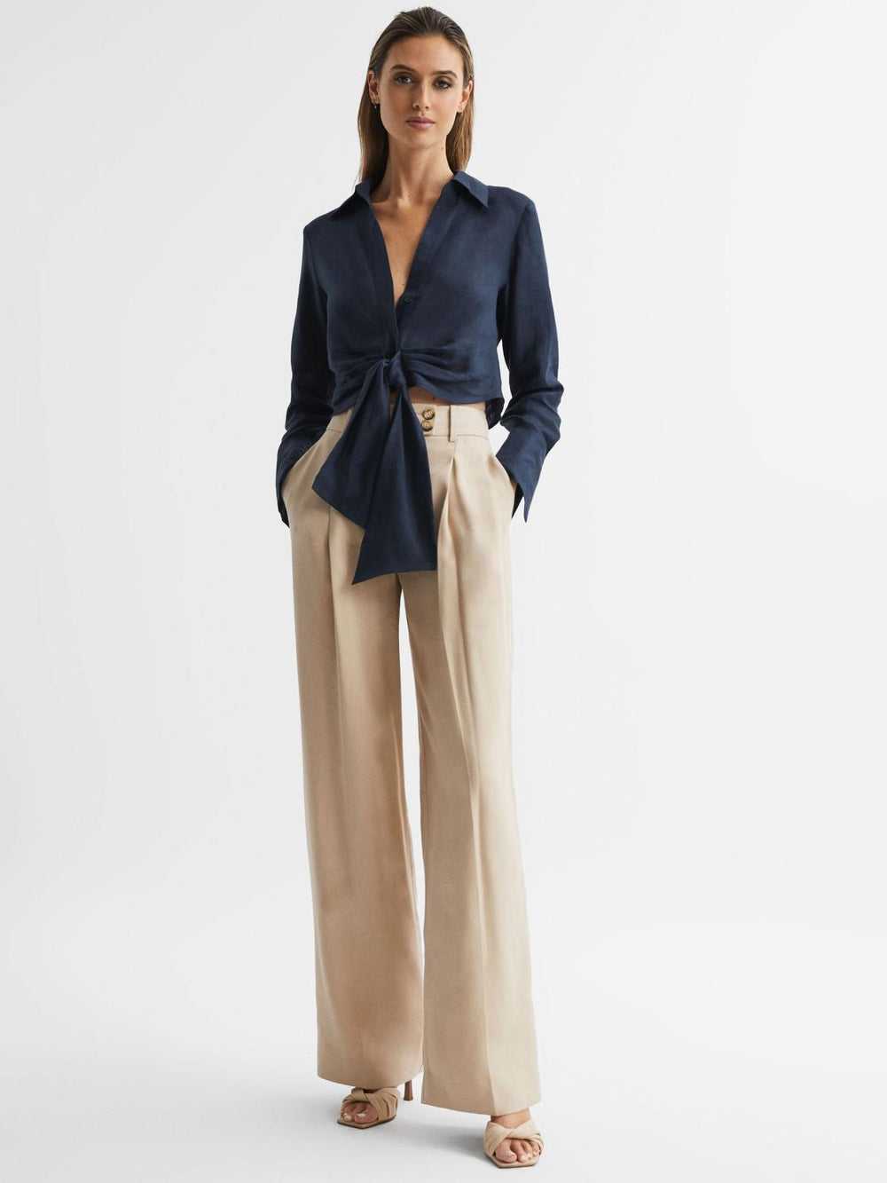 Reiss Tops | Dahlia Linen Cropped Tie Front Blouse Navy - Women