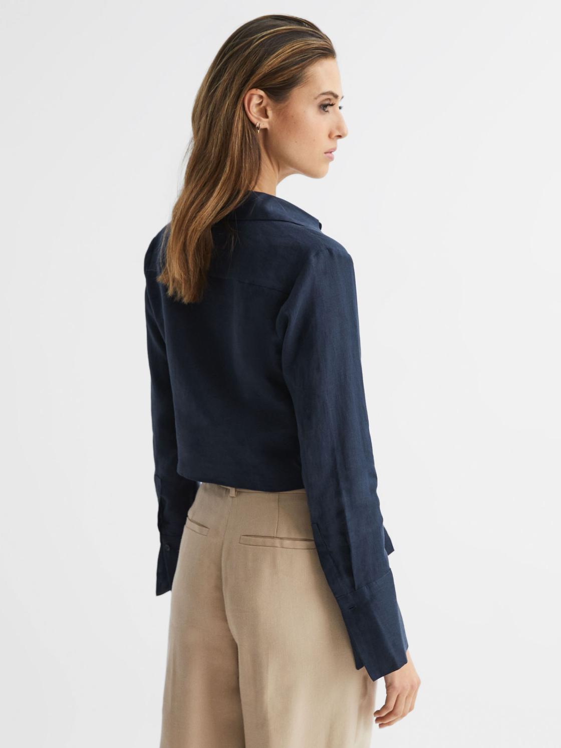 Reiss Tops | Dahlia Linen Cropped Tie Front Blouse Navy - Women