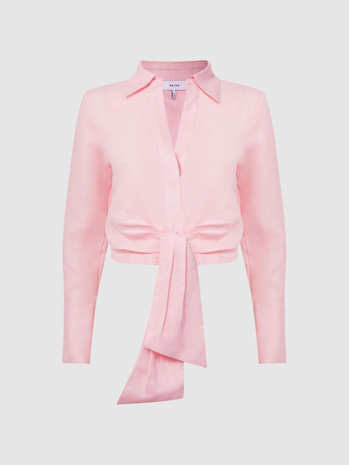 Reiss Tops | Dahlia Linen Cropped Tie Front Blouse Pink - Women