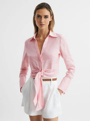 Reiss Tops | Dahlia Linen Cropped Tie Front Blouse Pink - Women