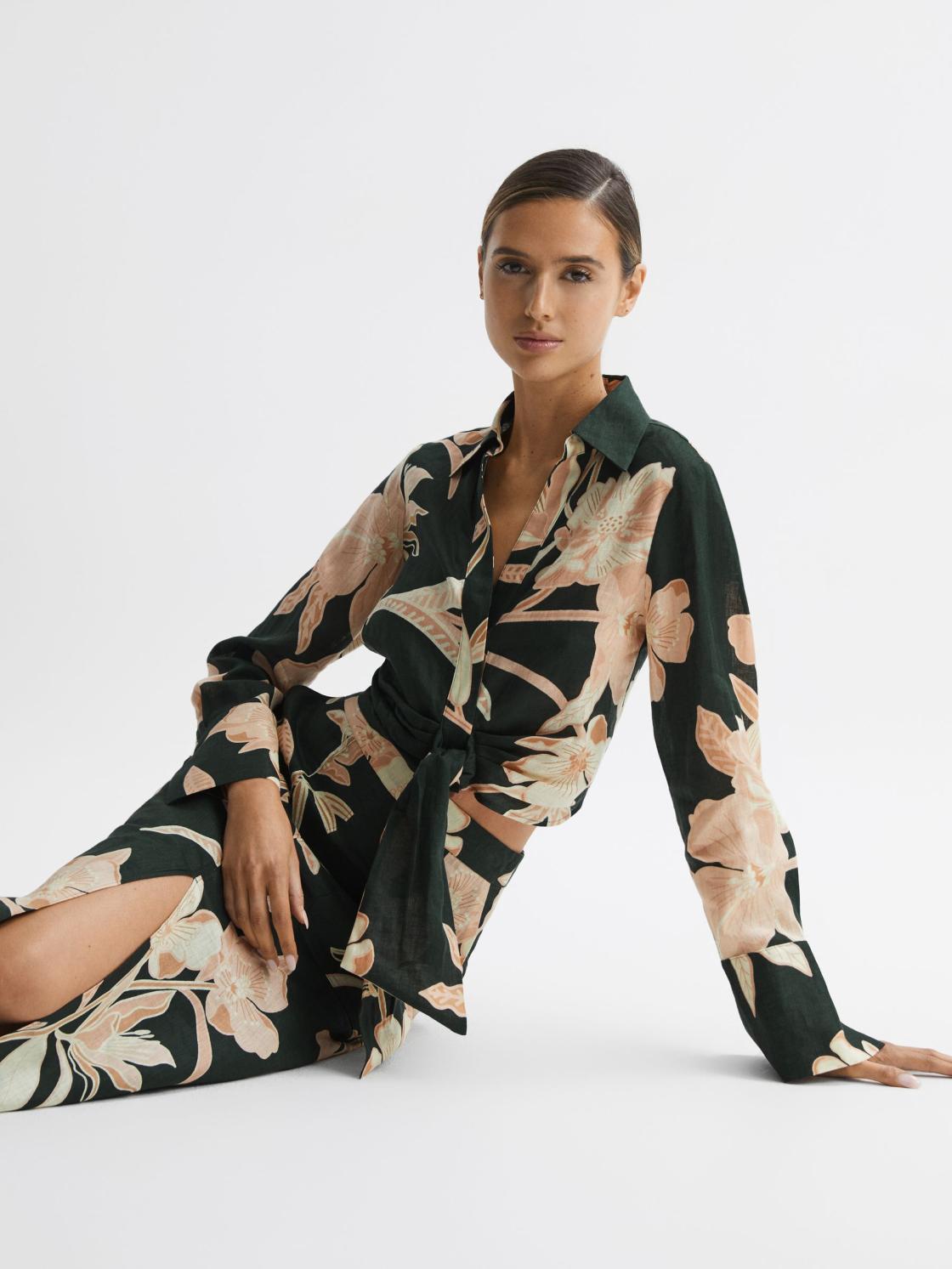 Reiss Tops | Dahlia Print Linen Cropped Tie Front Blouse Khaki - Women