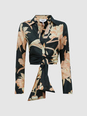 Reiss Tops | Dahlia Print Linen Cropped Tie Front Blouse Khaki - Women