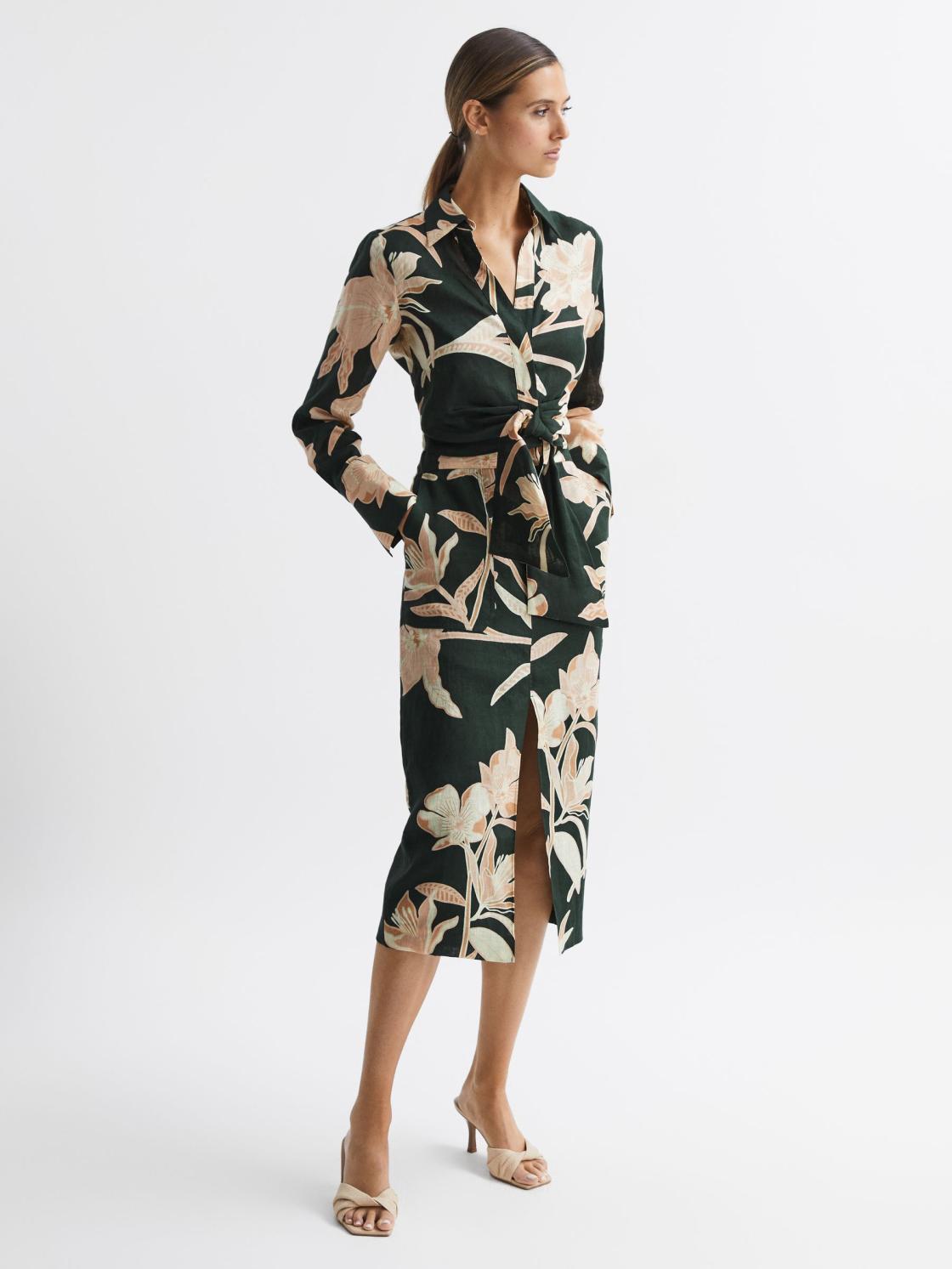 Reiss Tops | Dahlia Print Linen Cropped Tie Front Blouse Khaki - Women