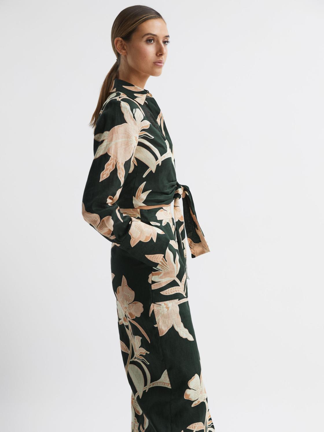 Reiss Tops | Dahlia Print Linen Cropped Tie Front Blouse Khaki - Women