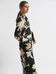 Reiss Tops | Dahlia Print Linen Cropped Tie Front Blouse Khaki - Women