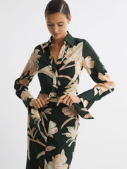 Reiss Tops | Dahlia Print Linen Cropped Tie Front Blouse Khaki - Women