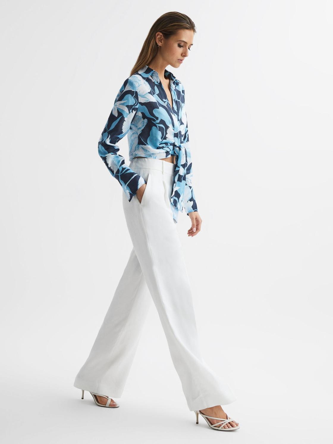 Reiss Tops | Dahlia Print Linen Cropped Tie Front Blouse Navy/blue - Women