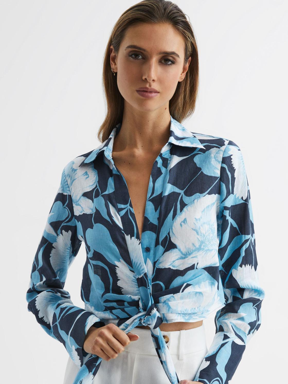 Reiss Tops | Dahlia Print Linen Cropped Tie Front Blouse Navy/blue - Women