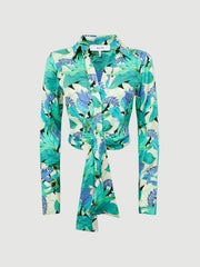 Reiss Tops | Dana Floral Print Tie Front Cropped Blouse Aquamarine - Women