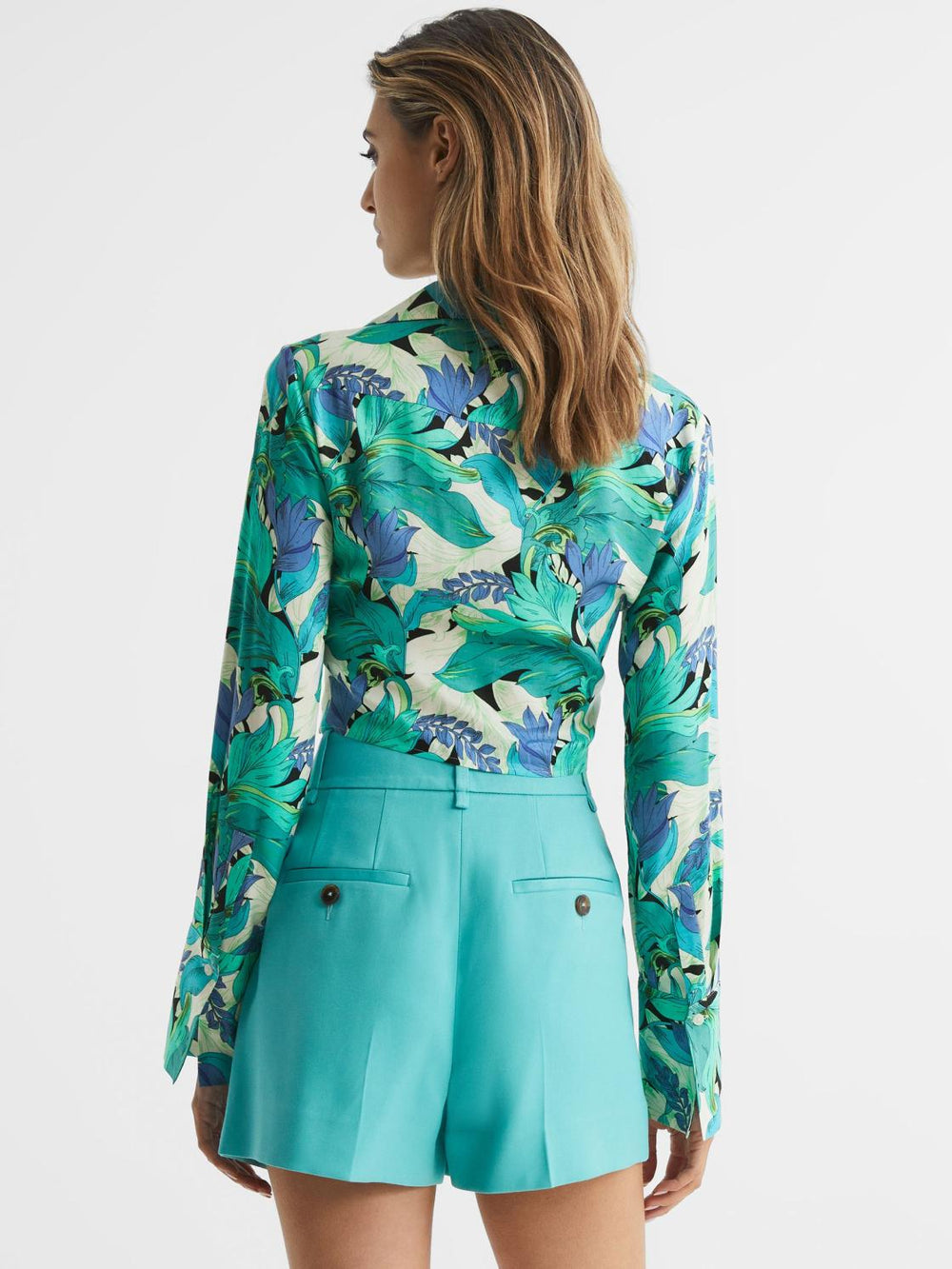 Reiss Tops | Dana Floral Print Tie Front Cropped Blouse Aquamarine - Women