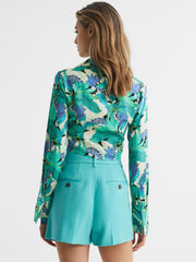 Reiss Tops | Dana Floral Print Tie Front Cropped Blouse Aquamarine - Women