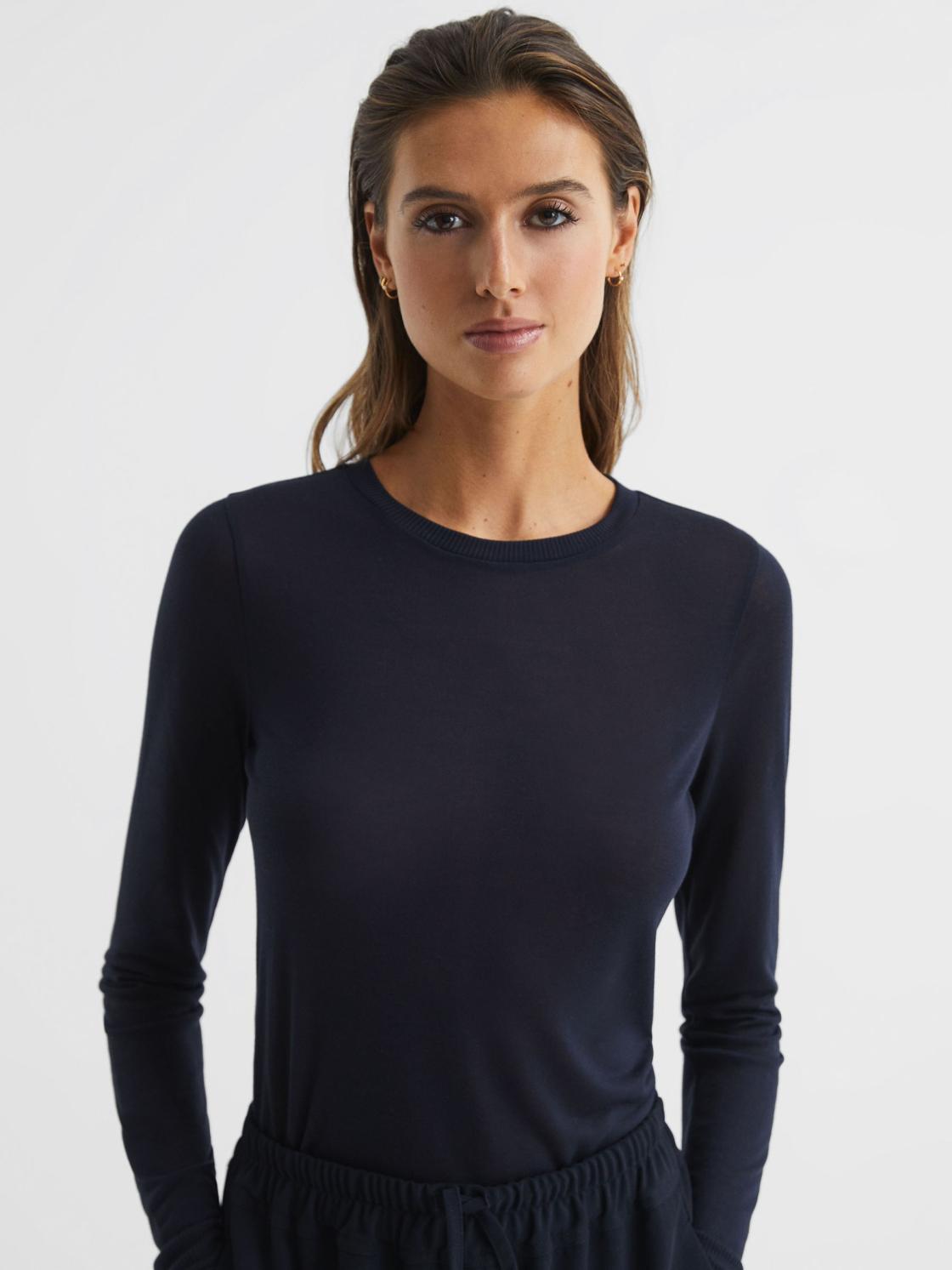 Reiss Tops | Drew Long Sleeve Crew Neck Top Navy - Women