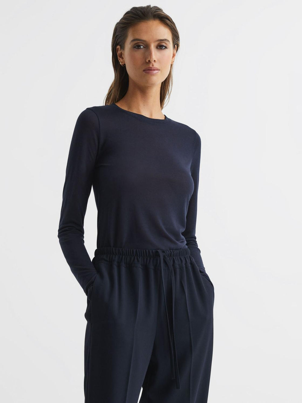 Reiss Tops | Drew Long Sleeve Crew Neck Top Navy - Women