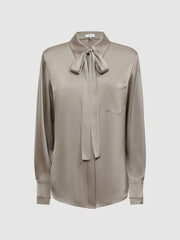 Reiss Tops | Elaina Satin Long Sleeve Neck Tie Blouse Mink - Women