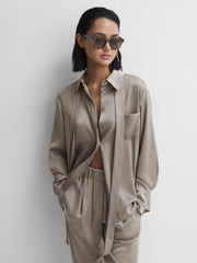 Reiss Tops | Elaina Satin Long Sleeve Neck Tie Blouse Mink - Women