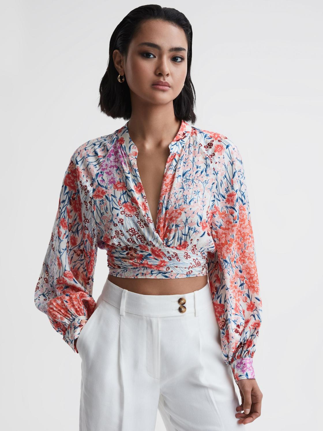 Reiss Tops | Elle Floral Print Tie Front Cropped Blouse Coral/white - Women